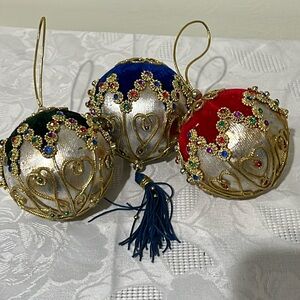 Christmas Ornaments Retro Lot Of 3 Velvet Multicolor Jewel